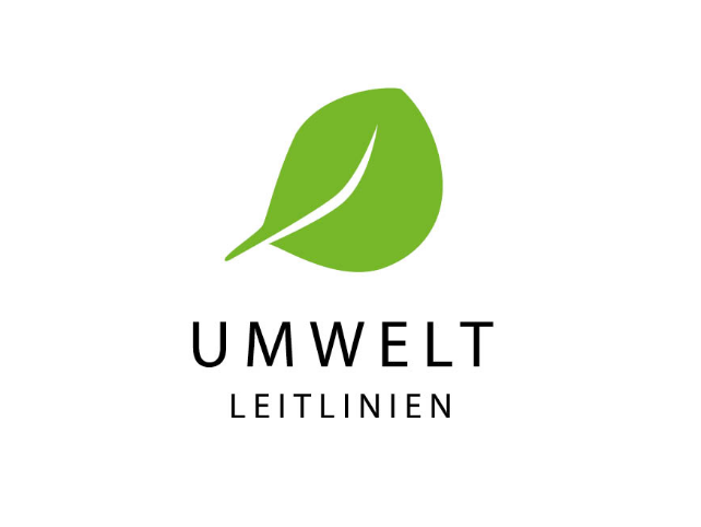 Grünes Blatt mit Schriftzug „UMWELT LEITLINIEN“ – Symbol für Nachhaltigkeit und Umweltverantwortung.