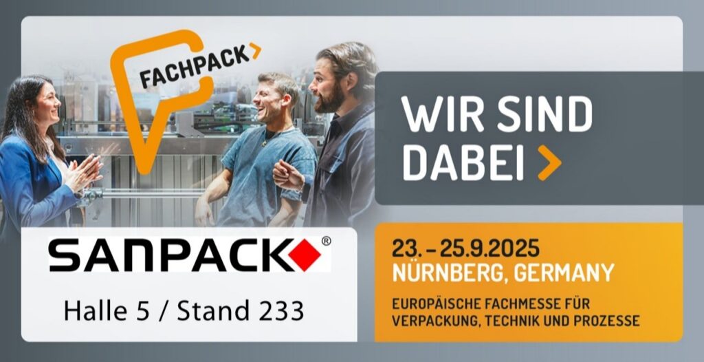 Offizielles Einladungsposter zur FACHPACK 2025 mit SANPACK-Logo, Messedatum und Standnummer