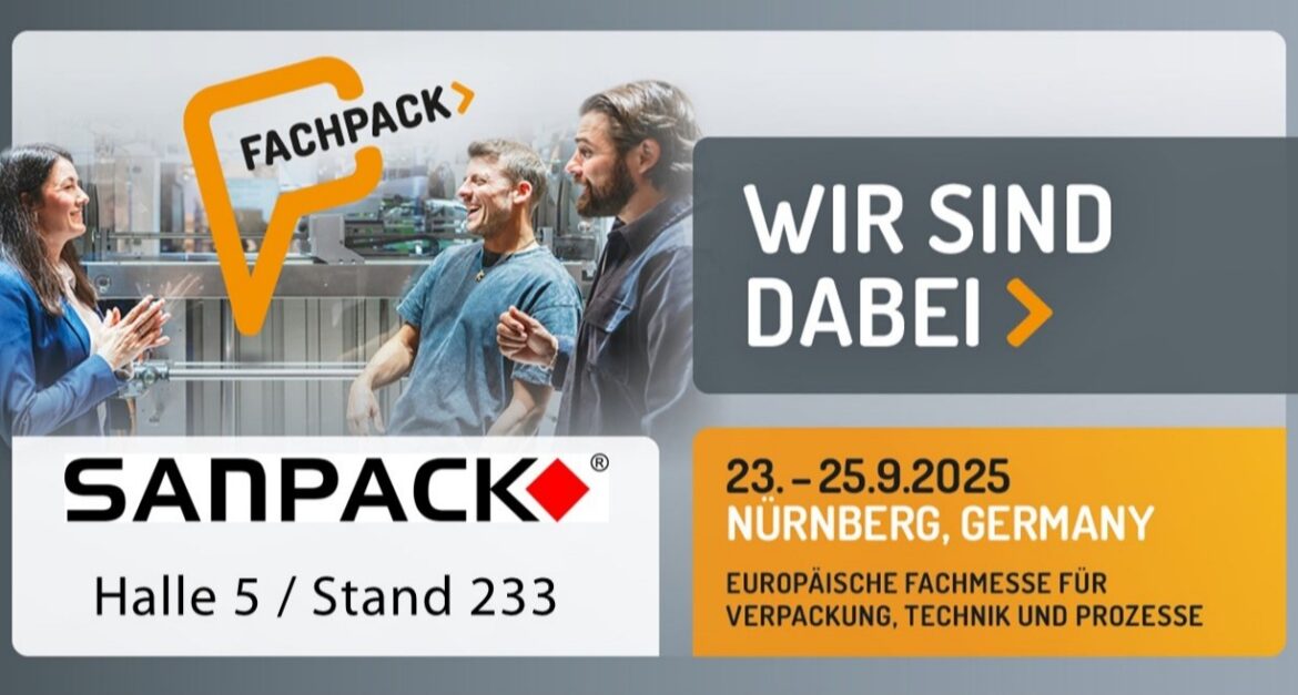 Offizielles Einladungsposter zur FACHPACK 2025 mit SANPACK-Logo, Messedatum und Standnummer