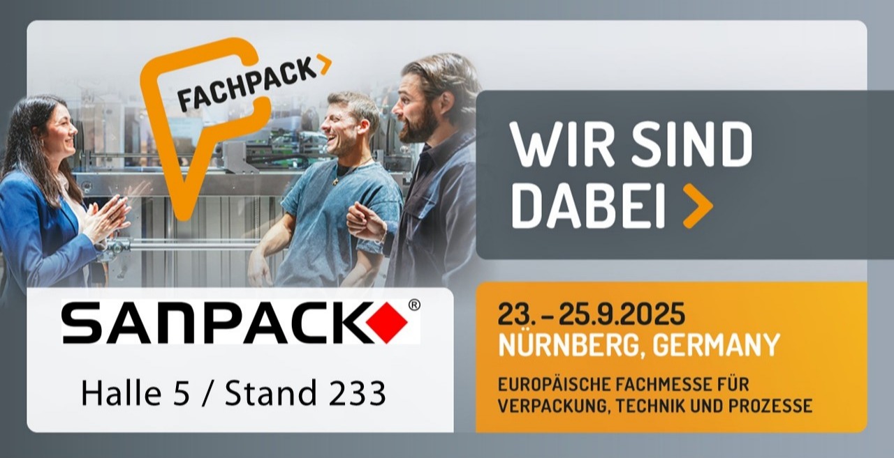 Offizielles Einladungsposter zur FACHPACK 2025 mit SANPACK-Logo, Messedatum und Standnummer