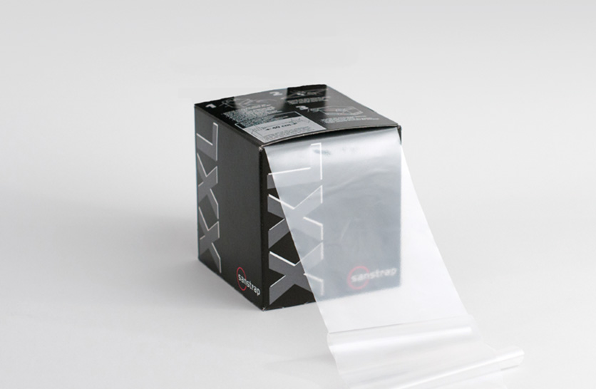 Sanstrap® XXL Spenderbox mit extrabreiten Dehnbändern zur Sicherung großer Palettenladungen.